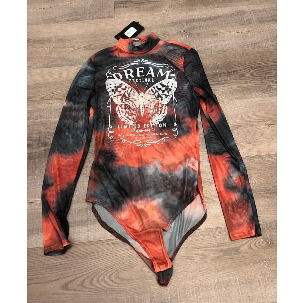 NWT Fashion Nova Dream Big Sheer Tie-dye Bodysuit